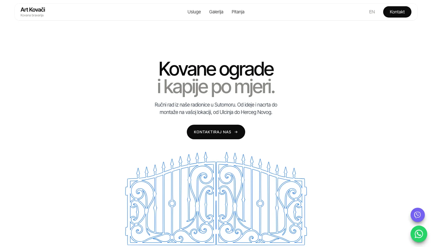 Art Kovači homepage with the headline Kovane ograde i kapije po mjeri and a line drawing of a wrought-iron gate