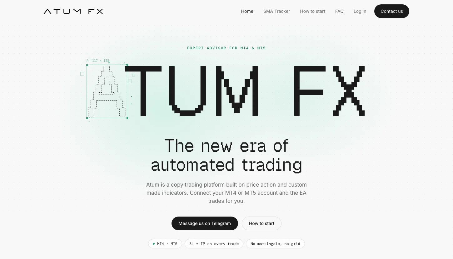 Atum FX homepage with pixel-style logo and the headline The new era of automated trading