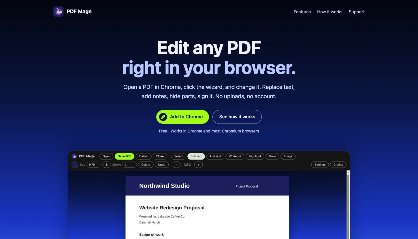 PDF Mage landing page with the headline Edit any PDF right in your browser and the editor toolbar above a sample proposal